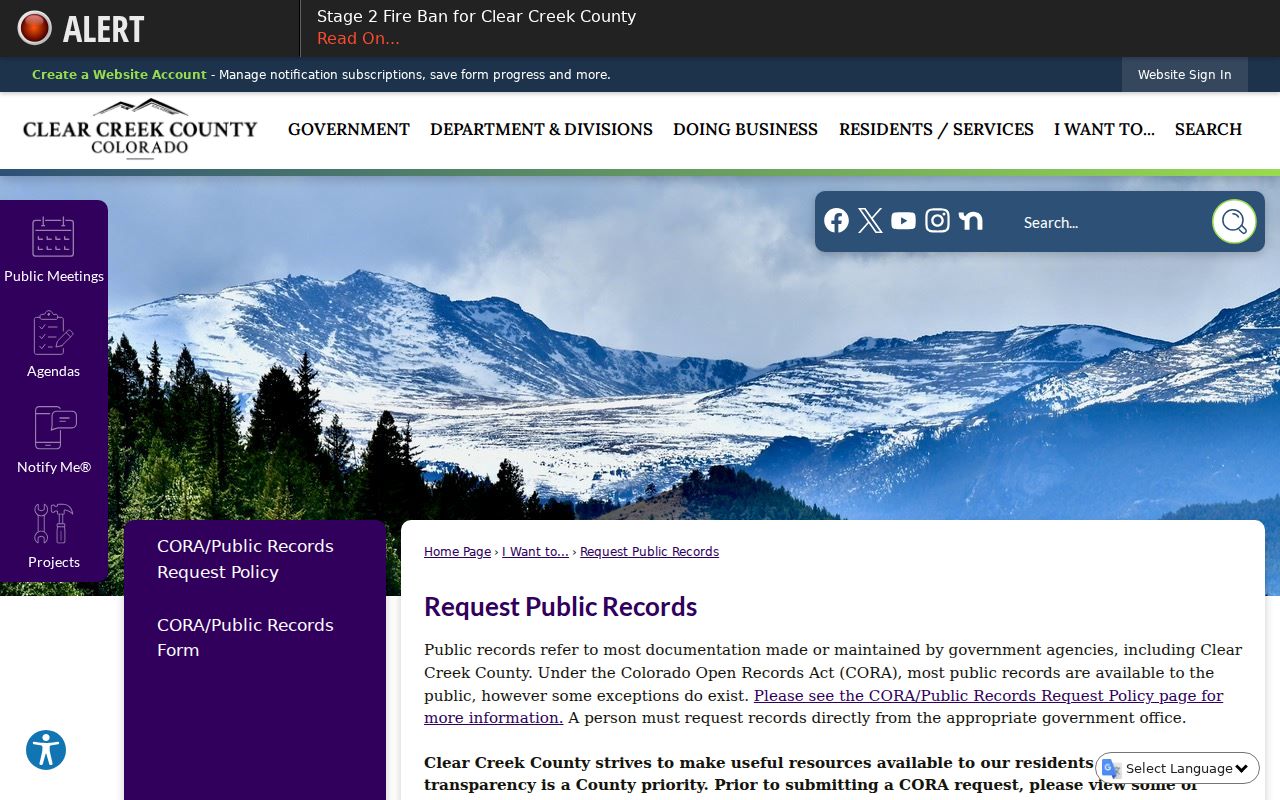 Clear Creek County court records public records request page