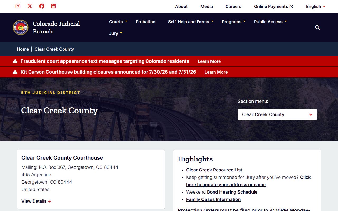 Clear Creek County court records official Colorado Judicial Branch page