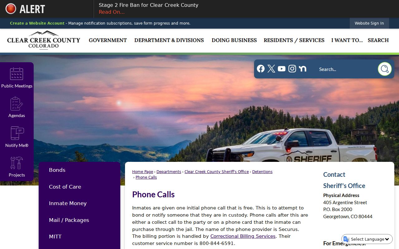 Clear Creek County inmate records phone call rules