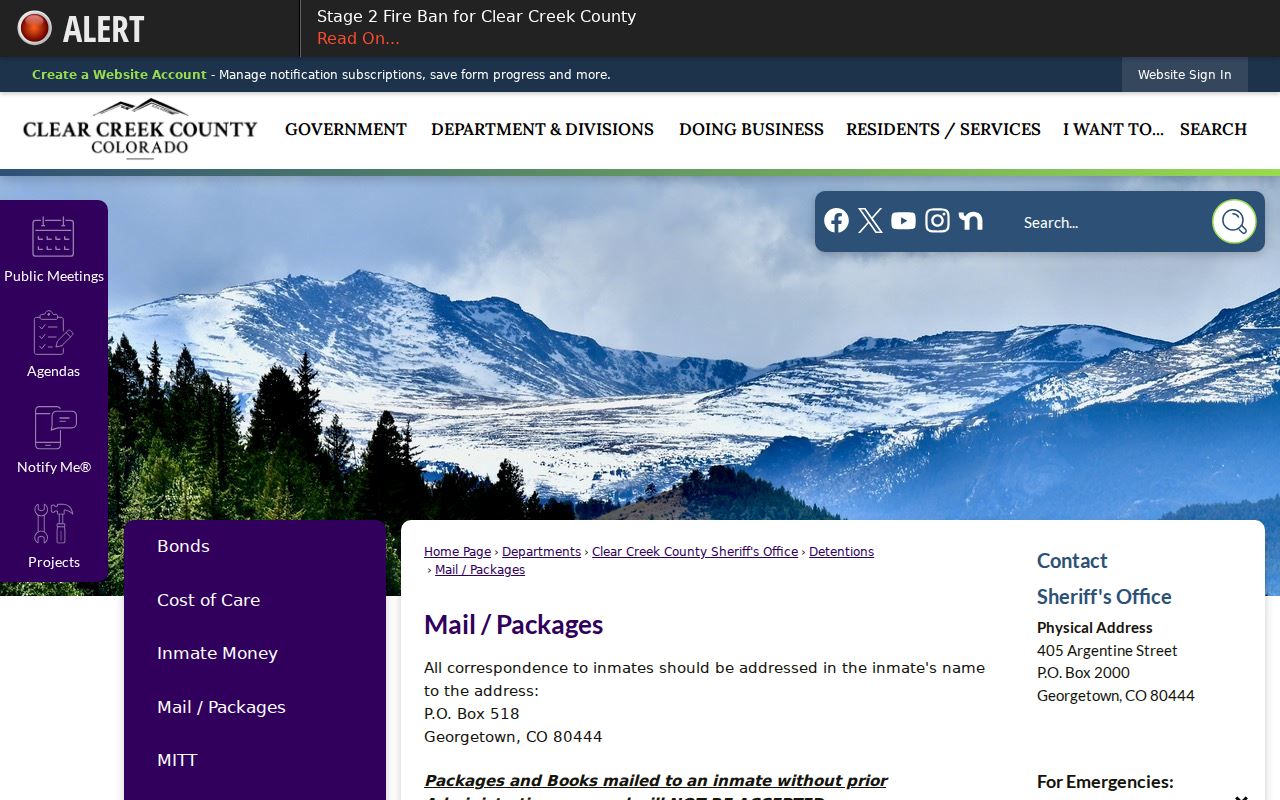 Clear Creek County inmate records mail and package rules